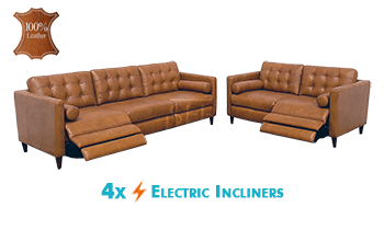 Alexa Sofa Set with 4x Electric Incliners in 100% Leather